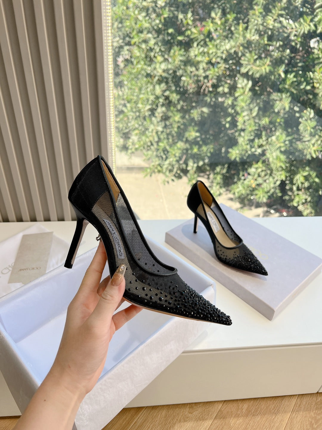 Jimmy Choo Lambskin Leather Crystal Heels