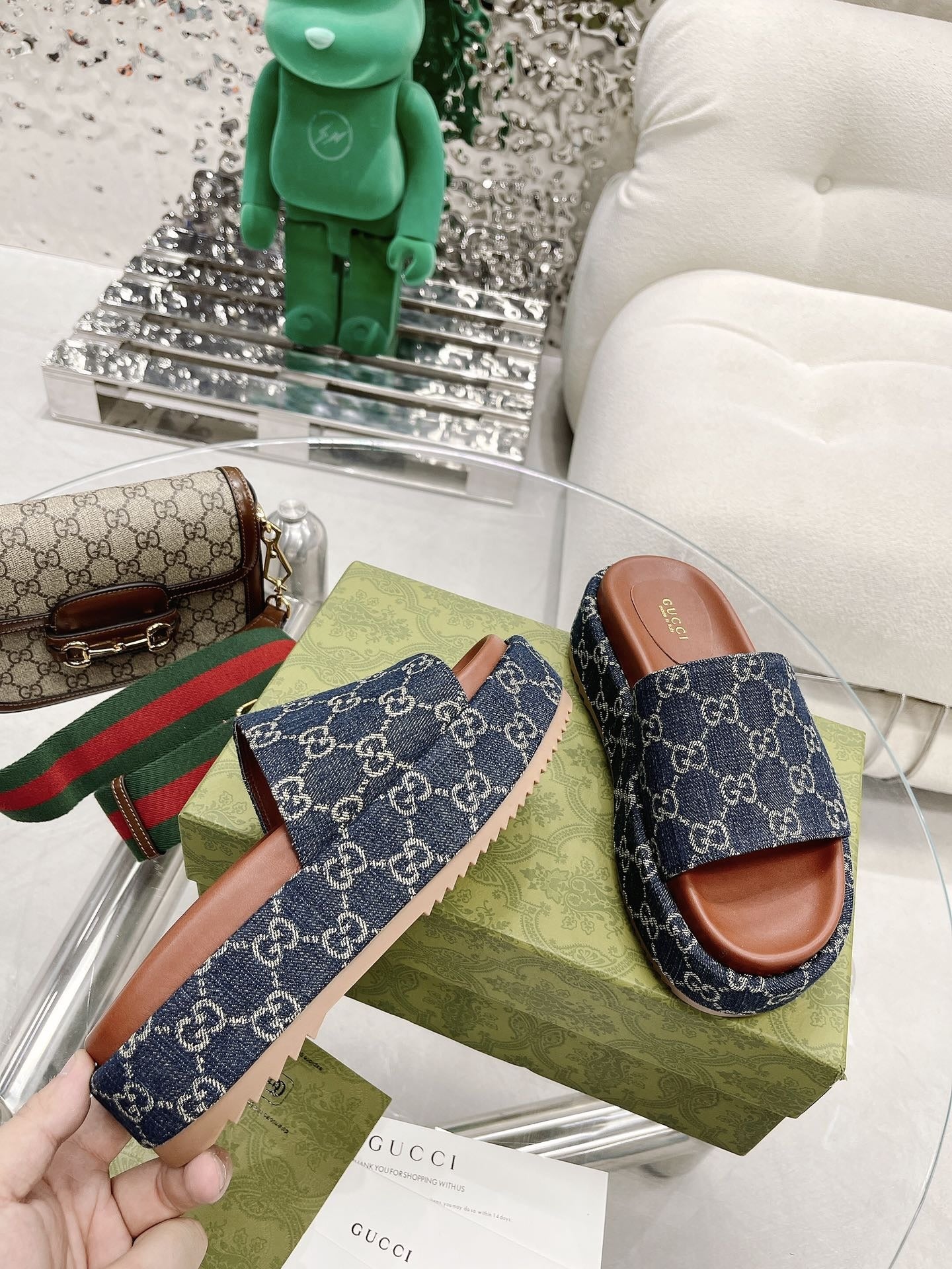 Gucci Green Canvas & Leather Double G Slides