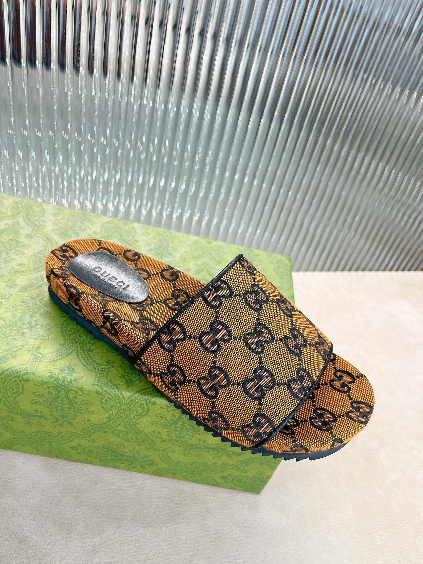 Gucci Green Canvas & Leather Double G Slides