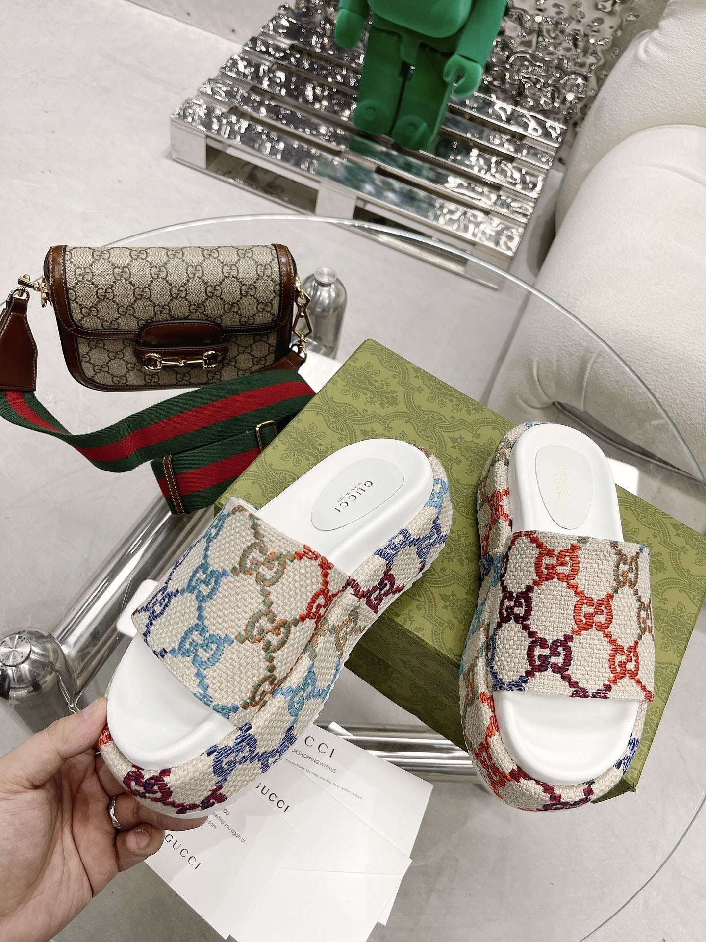 Gucci Green Canvas & Leather Double G Slides