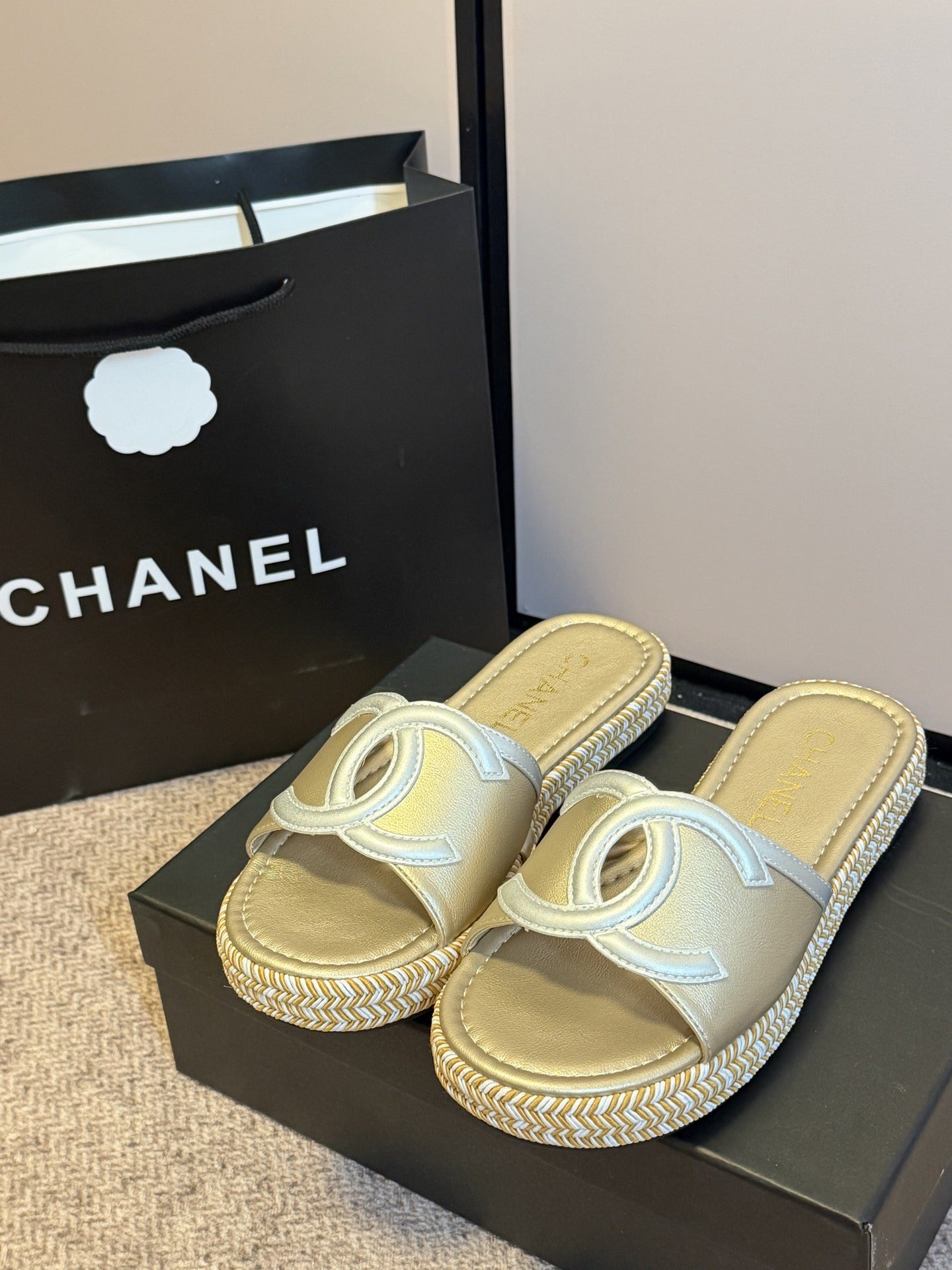 Chanel Lambskin Leather Logo Slides