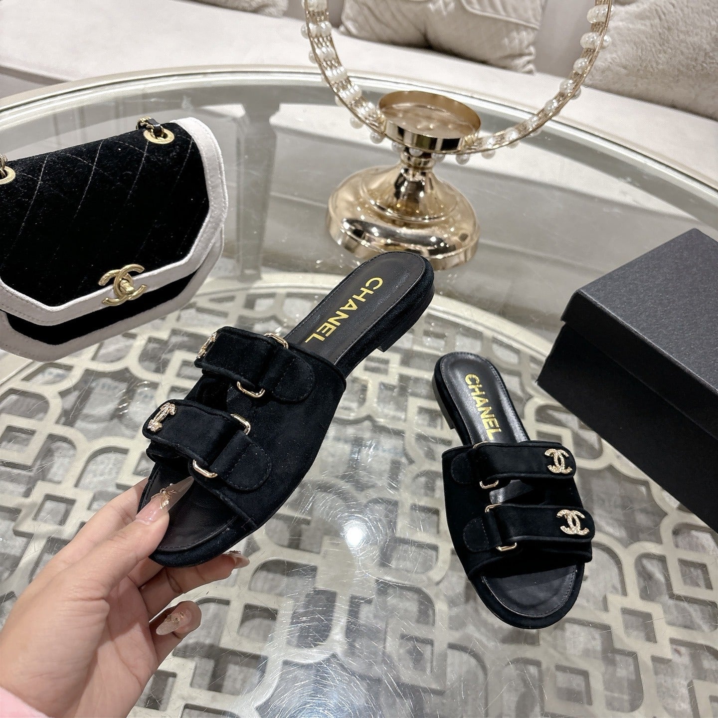 Chanel Lambskin Leather Crystal Slides