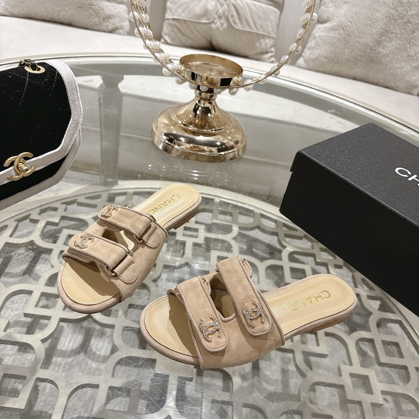 Chanel Lambskin Leather Crystal Slides