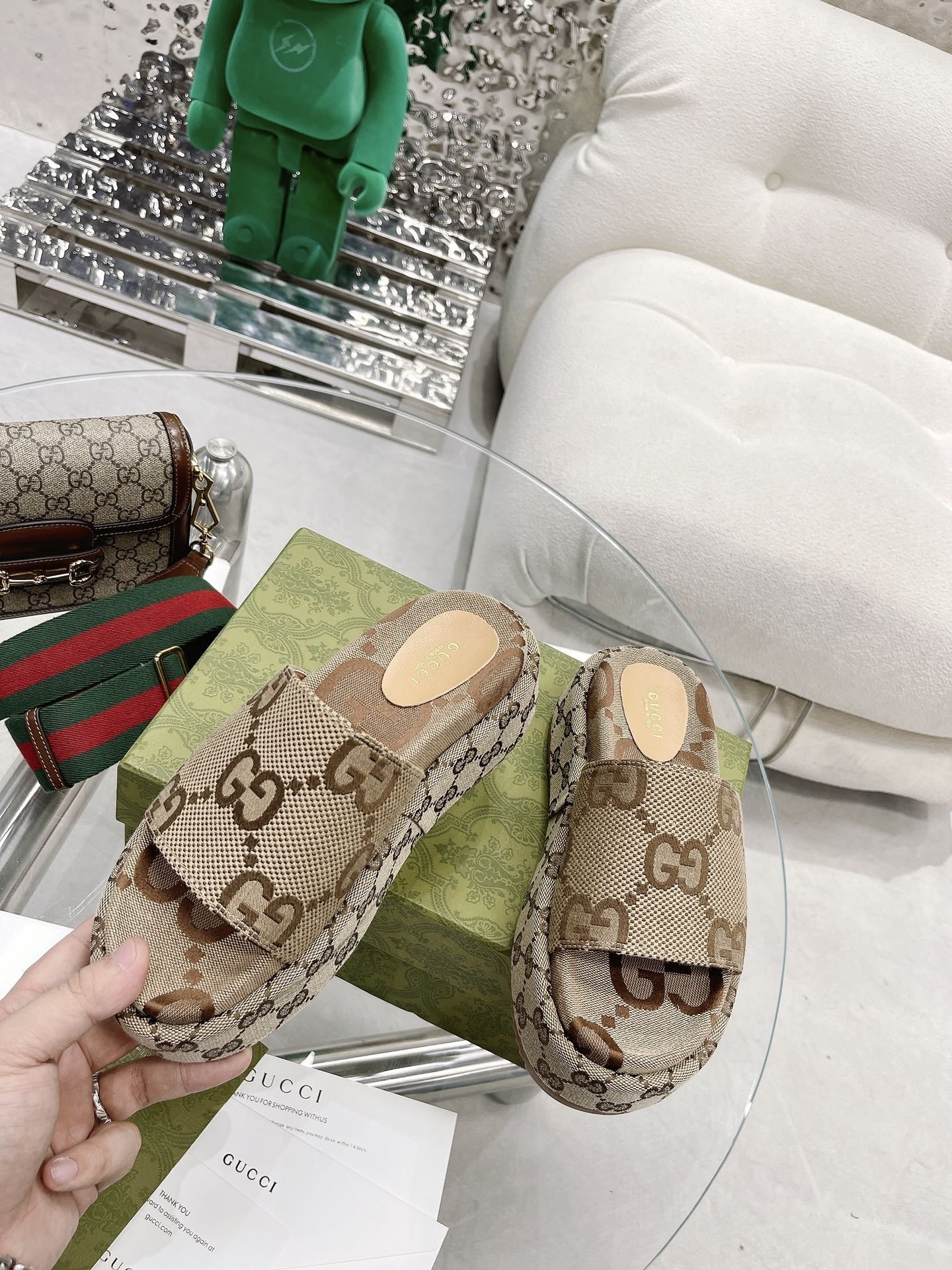 Gucci Green Canvas & Leather Double G Slides