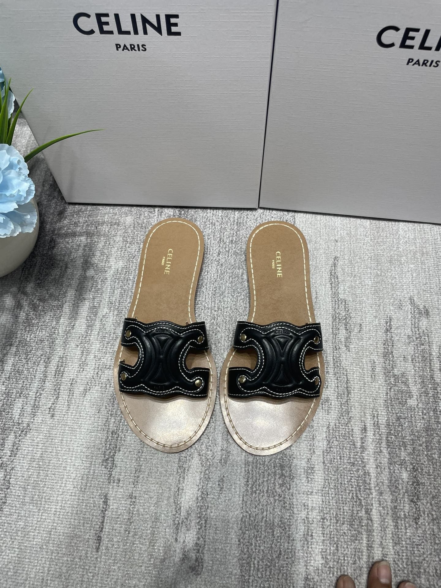 Celine Denim & Leather Tassel Slides