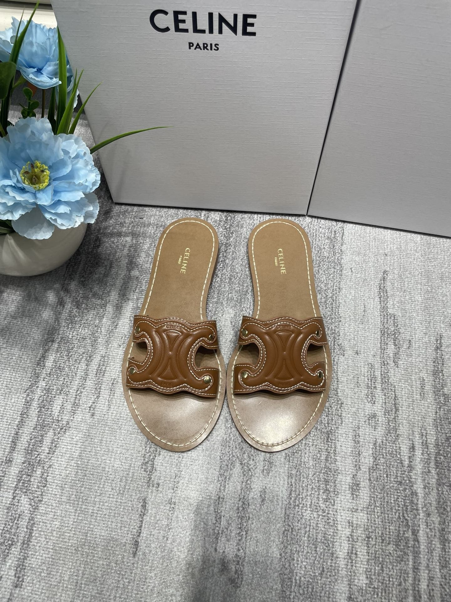 Celine Denim & Leather Tassel Slides