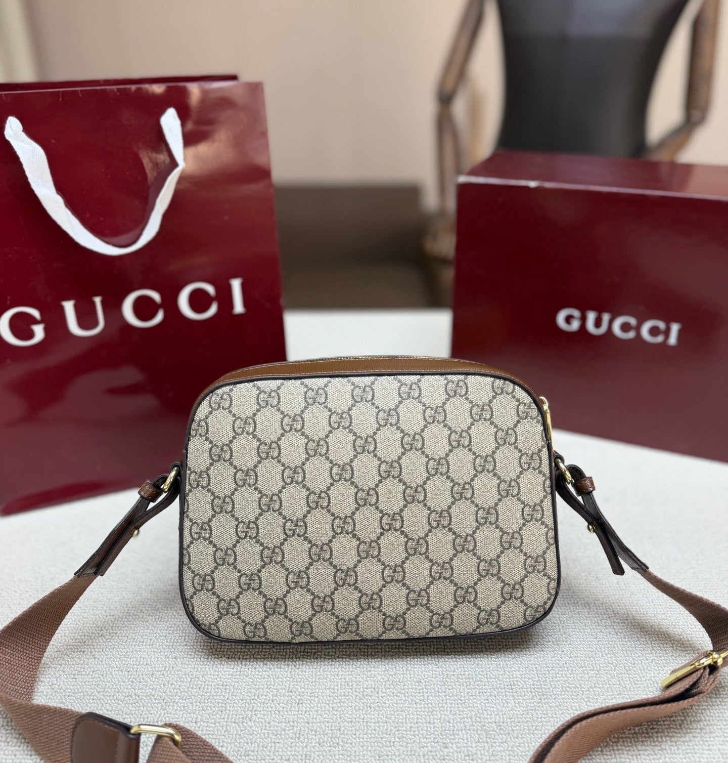 Gucci Brown Canvas & Leather Double G Crossbody Bag