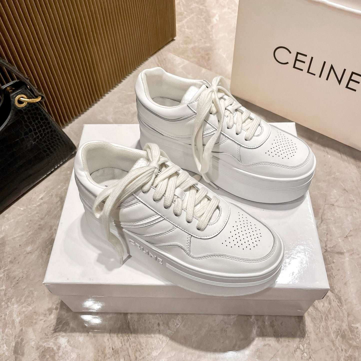 Celine Leather Vintage-Finish Sneakers