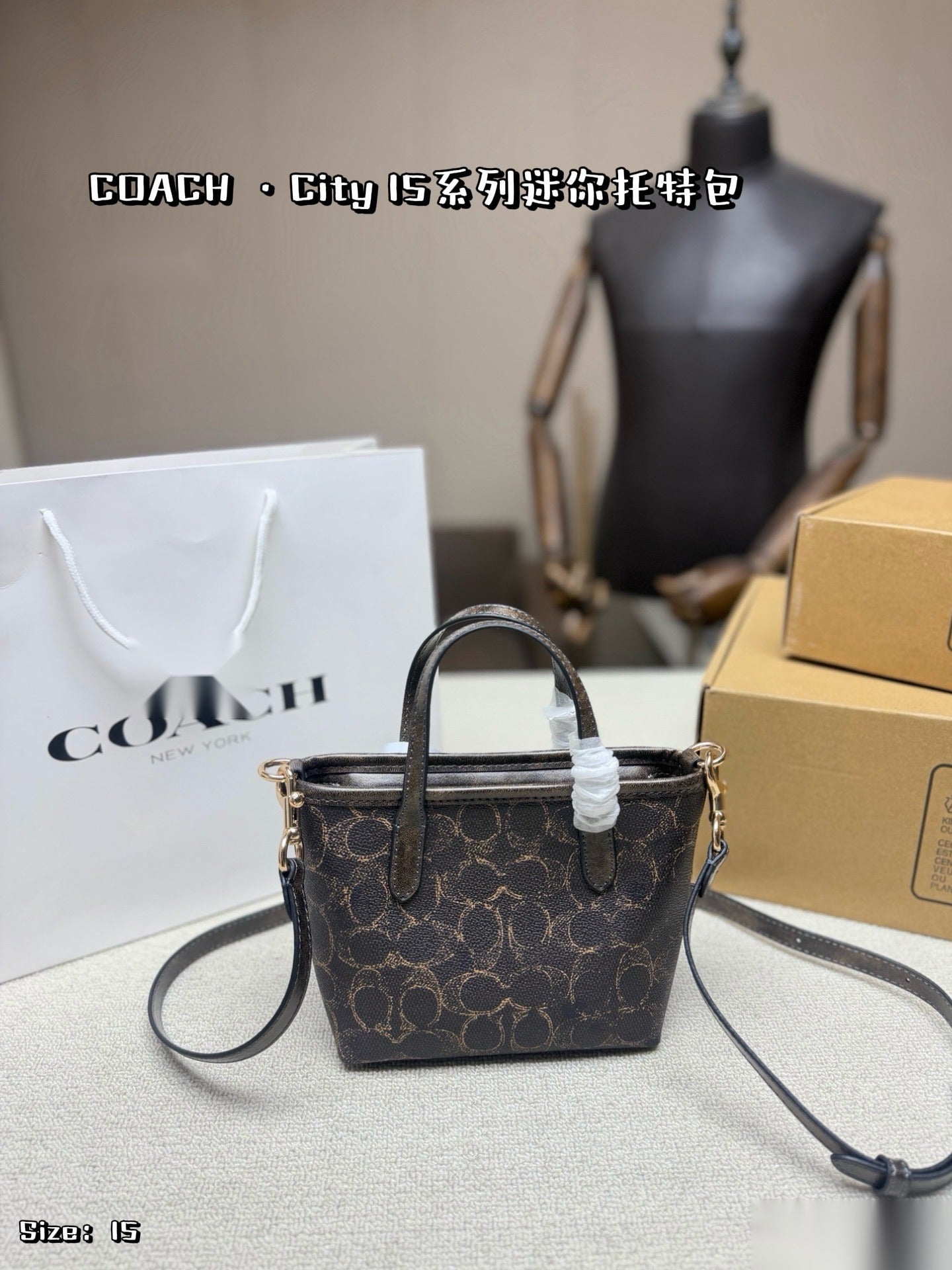 Coach Black Leather Monogram Tote Bag