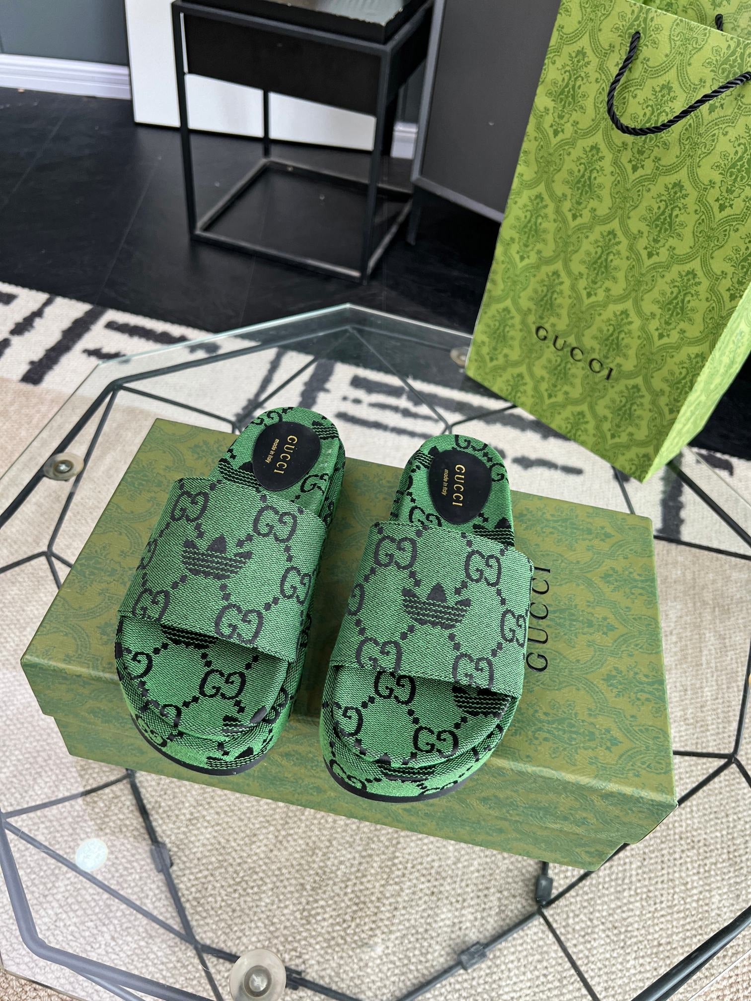 Gucci Green Canvas & Leather Double G Slides