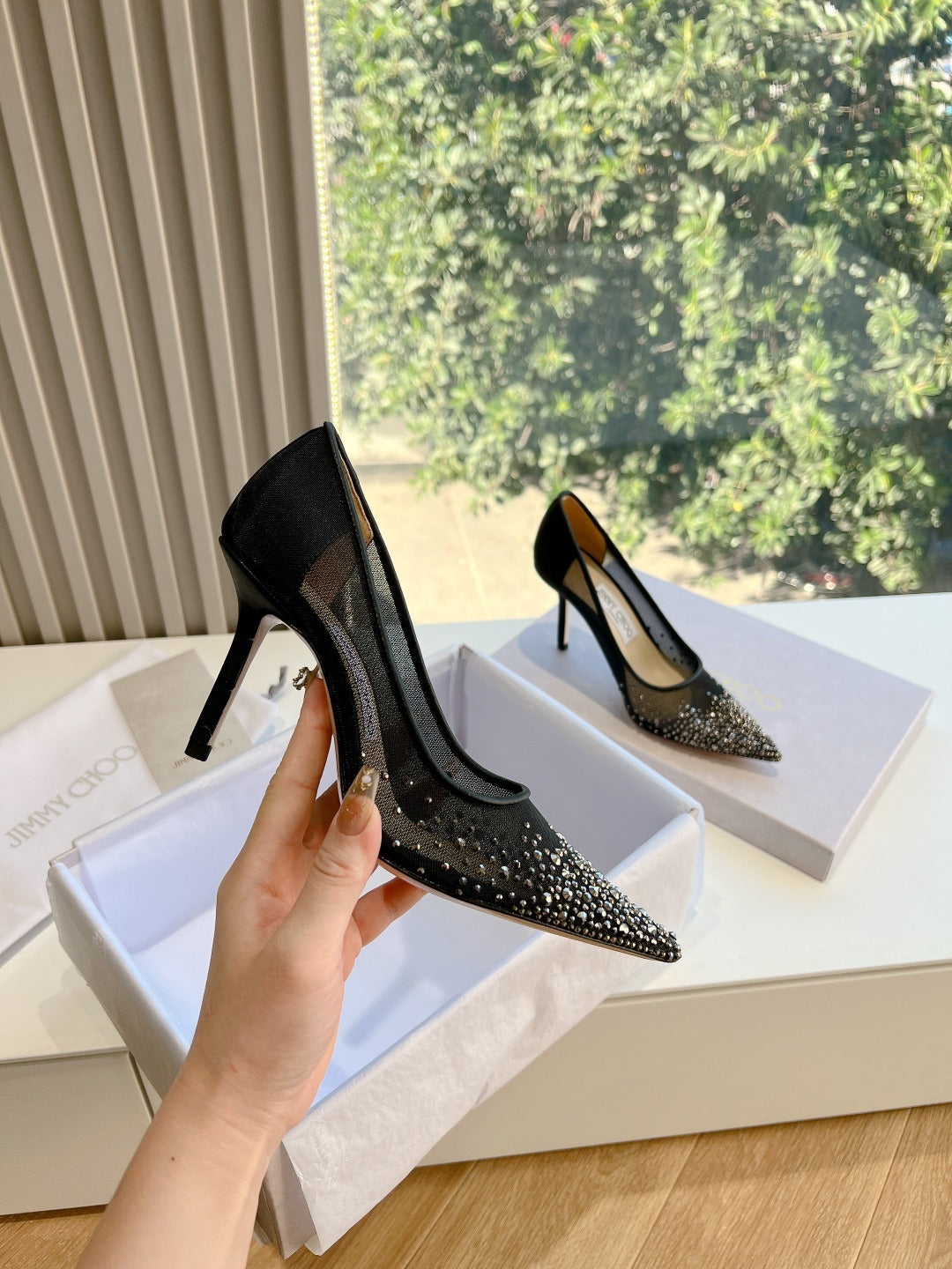 Jimmy Choo Lambskin Leather Crystal Heels