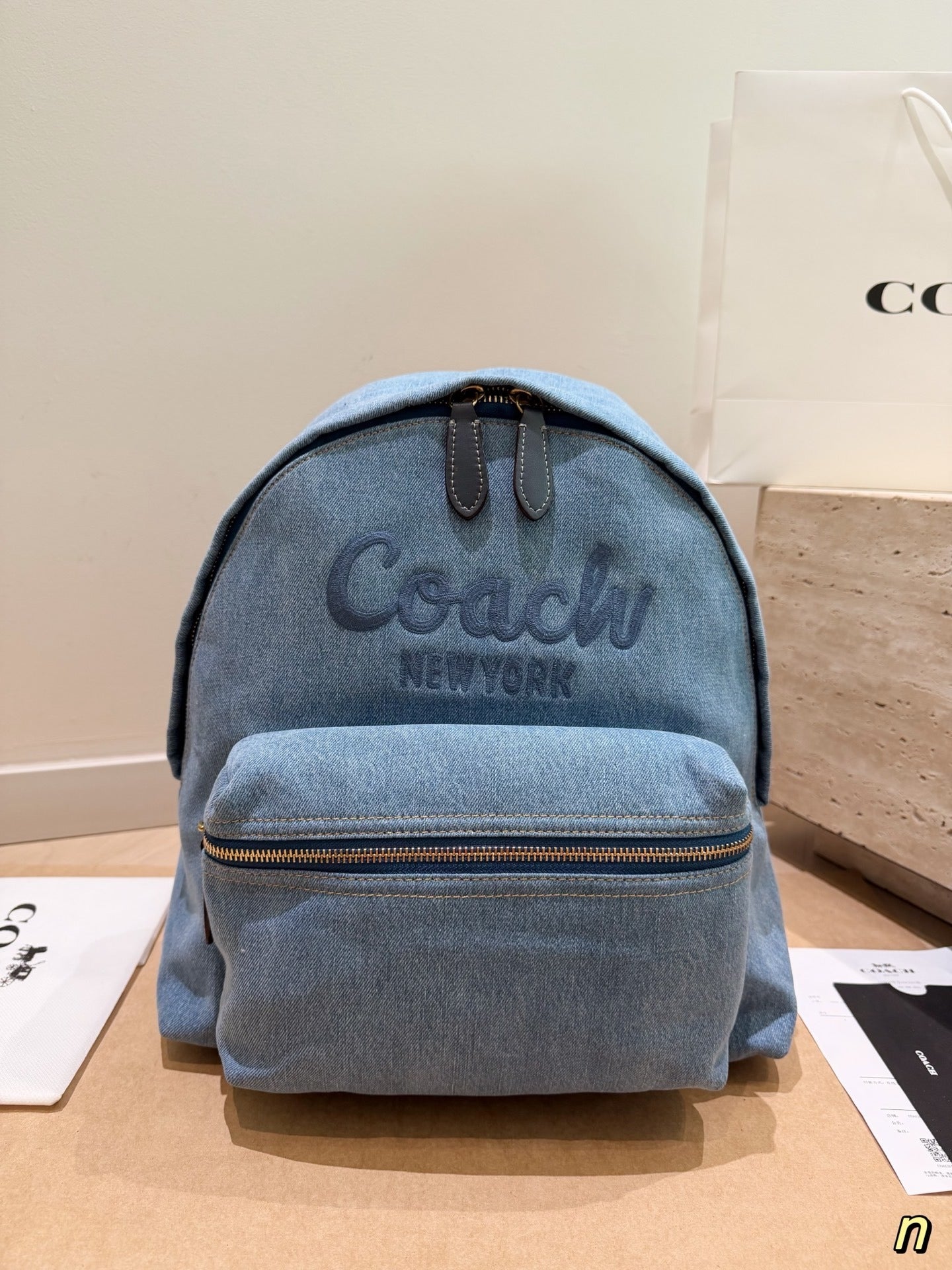 Coach Gray Denim Logo Backpack