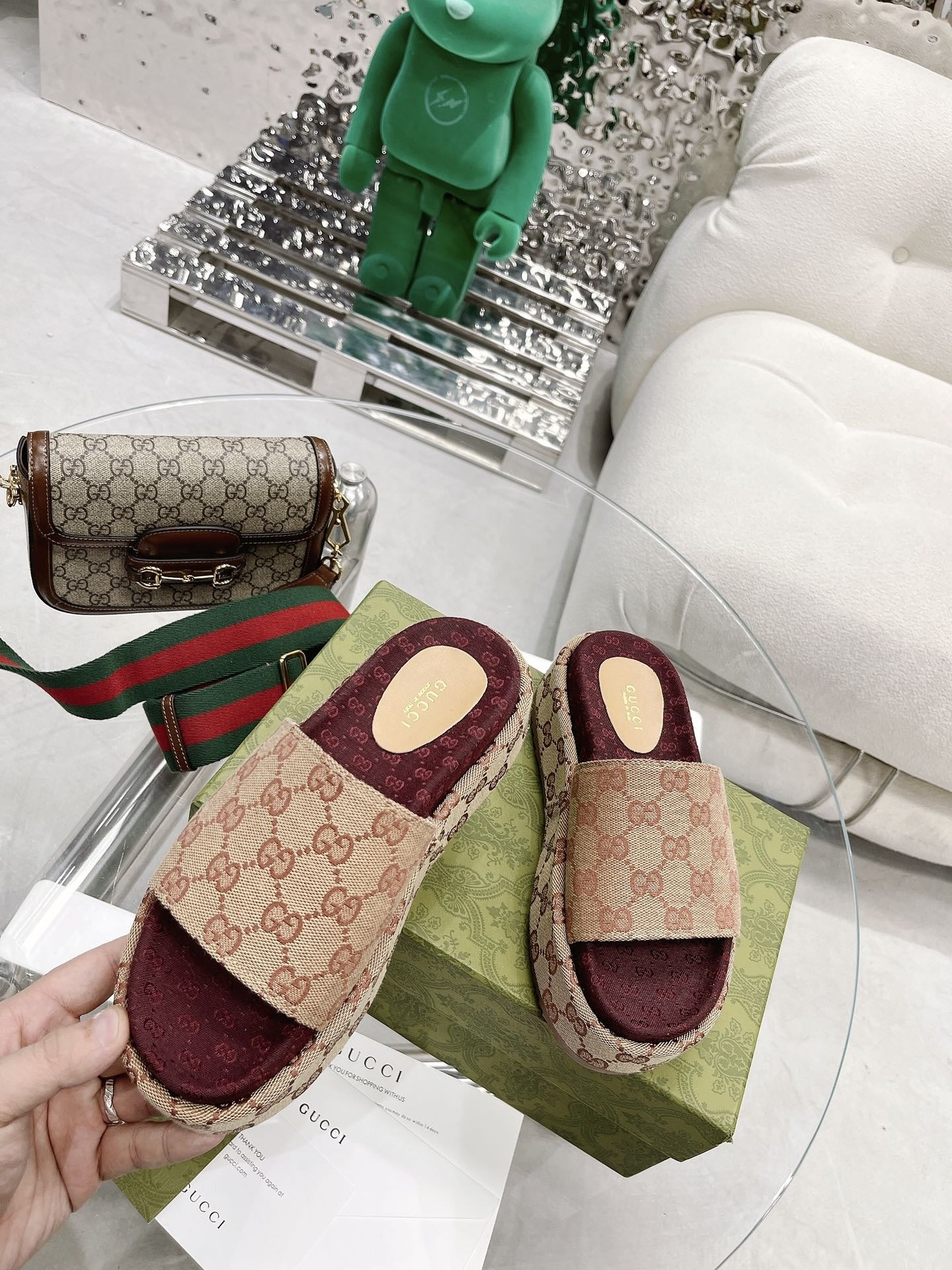 Gucci Green Canvas & Leather Double G Slides