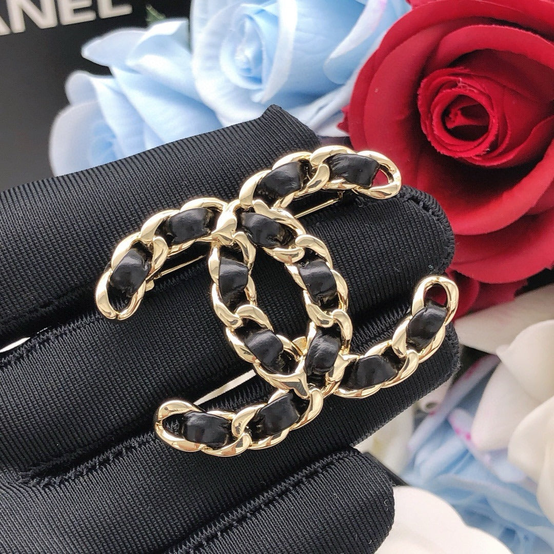 Chanel Black Lambskin Leather & Brass Brooch