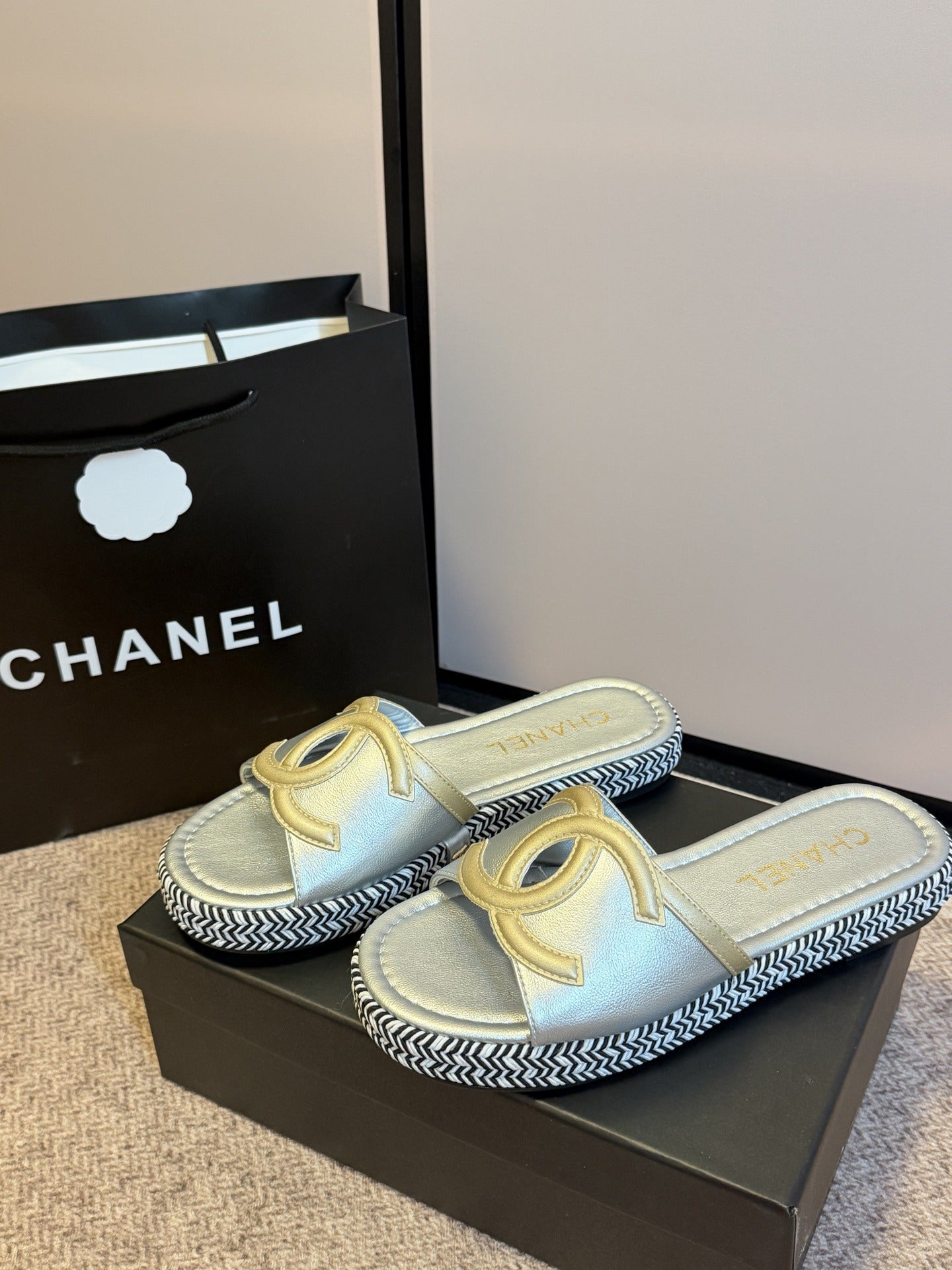 Chanel Lambskin Leather Logo Slides