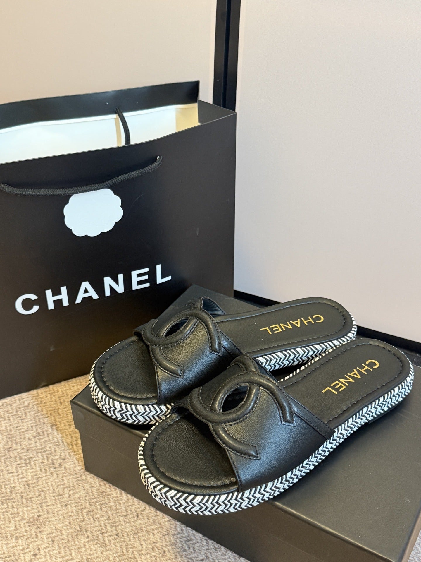 Chanel Lambskin Leather Logo Slides