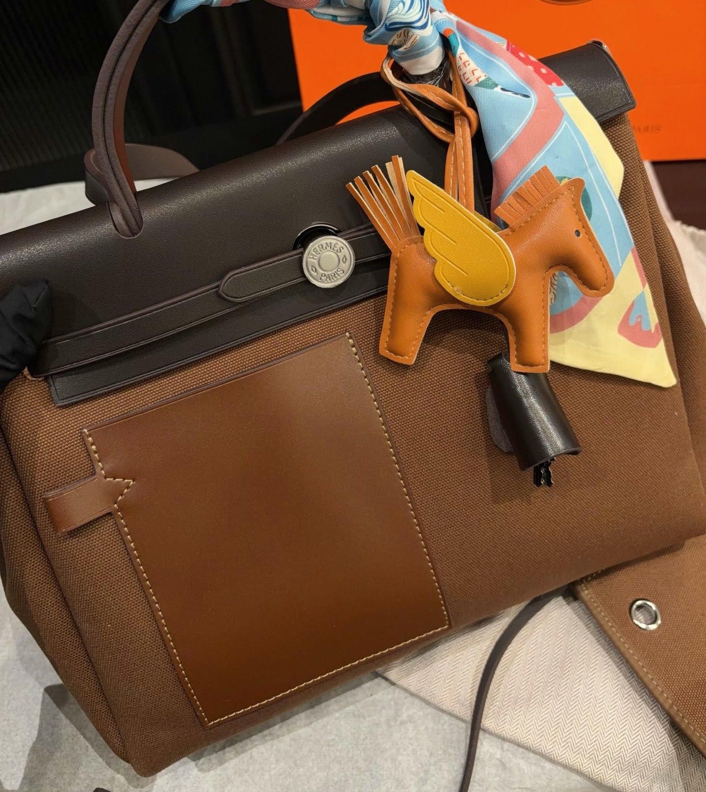 Hermes Brown Canvas & Calfskin Leather Handbag