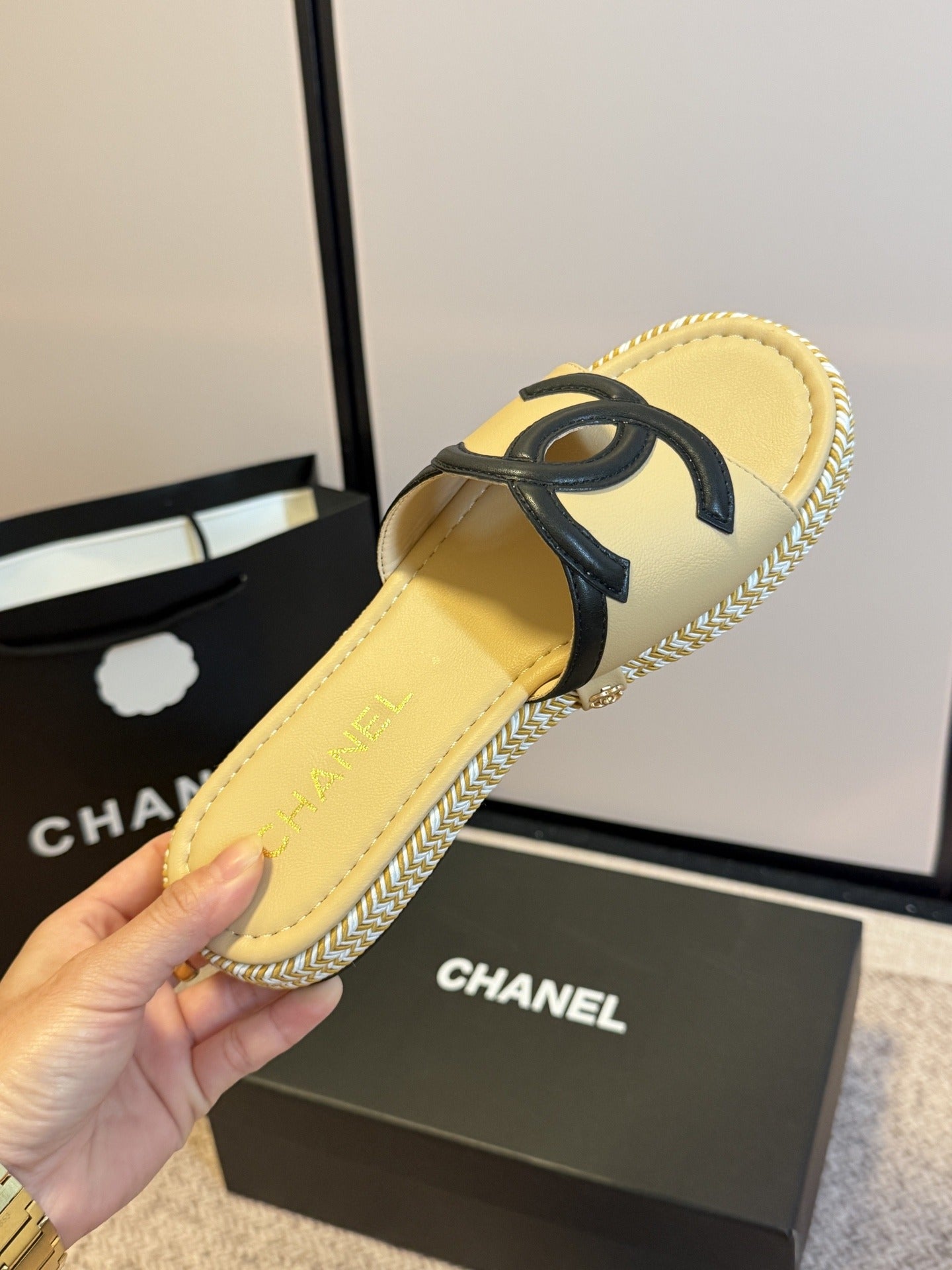 Chanel Lambskin Leather Logo Slides