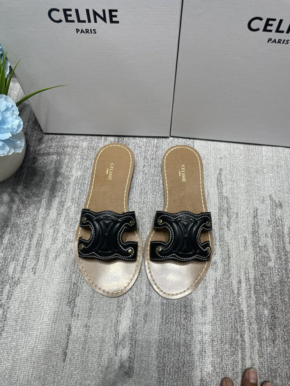 Celine Denim & Leather Tassel Slides