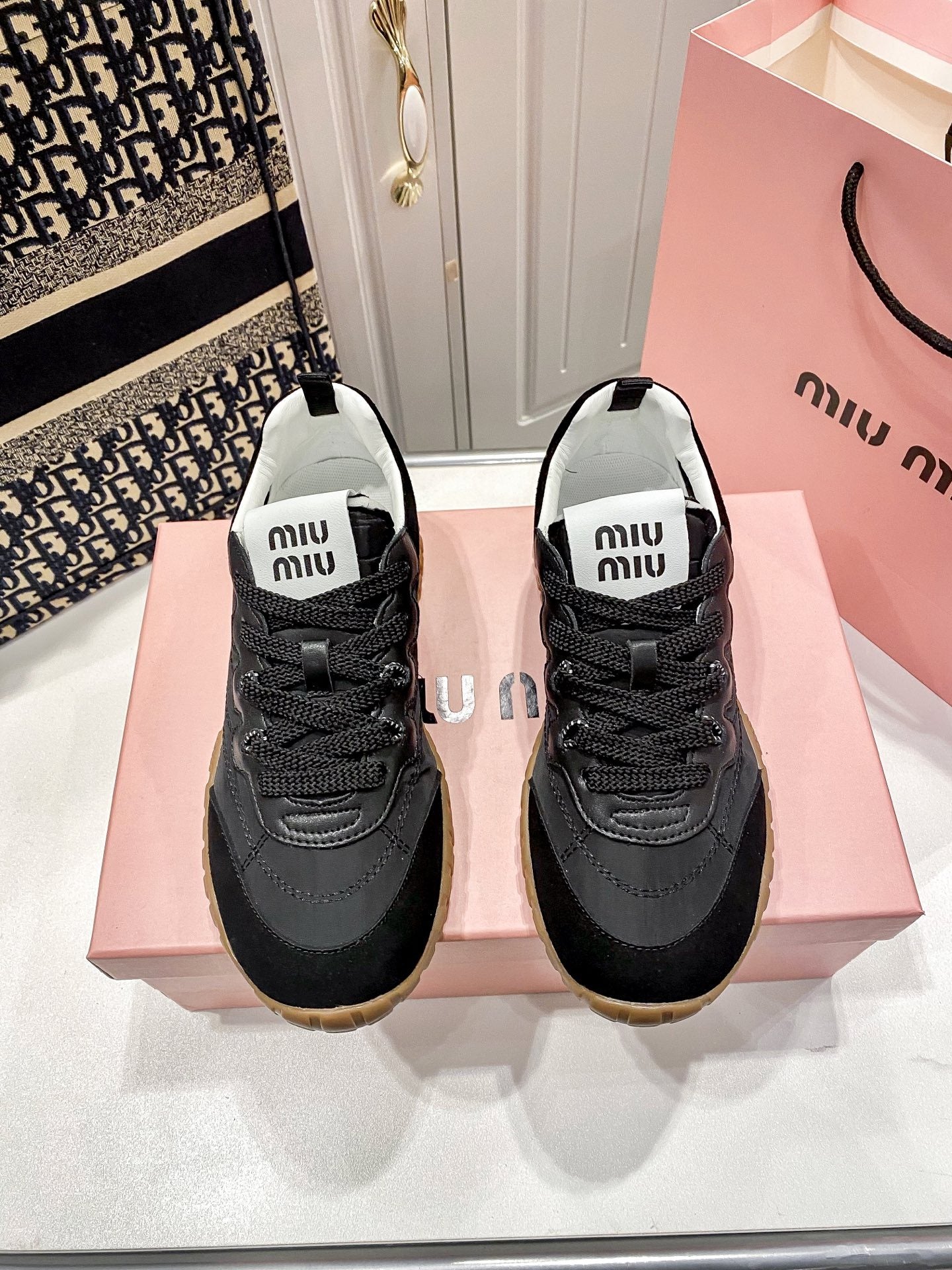 Miu Miu Black Canvas & Leather Vintage-Finish Sneakers