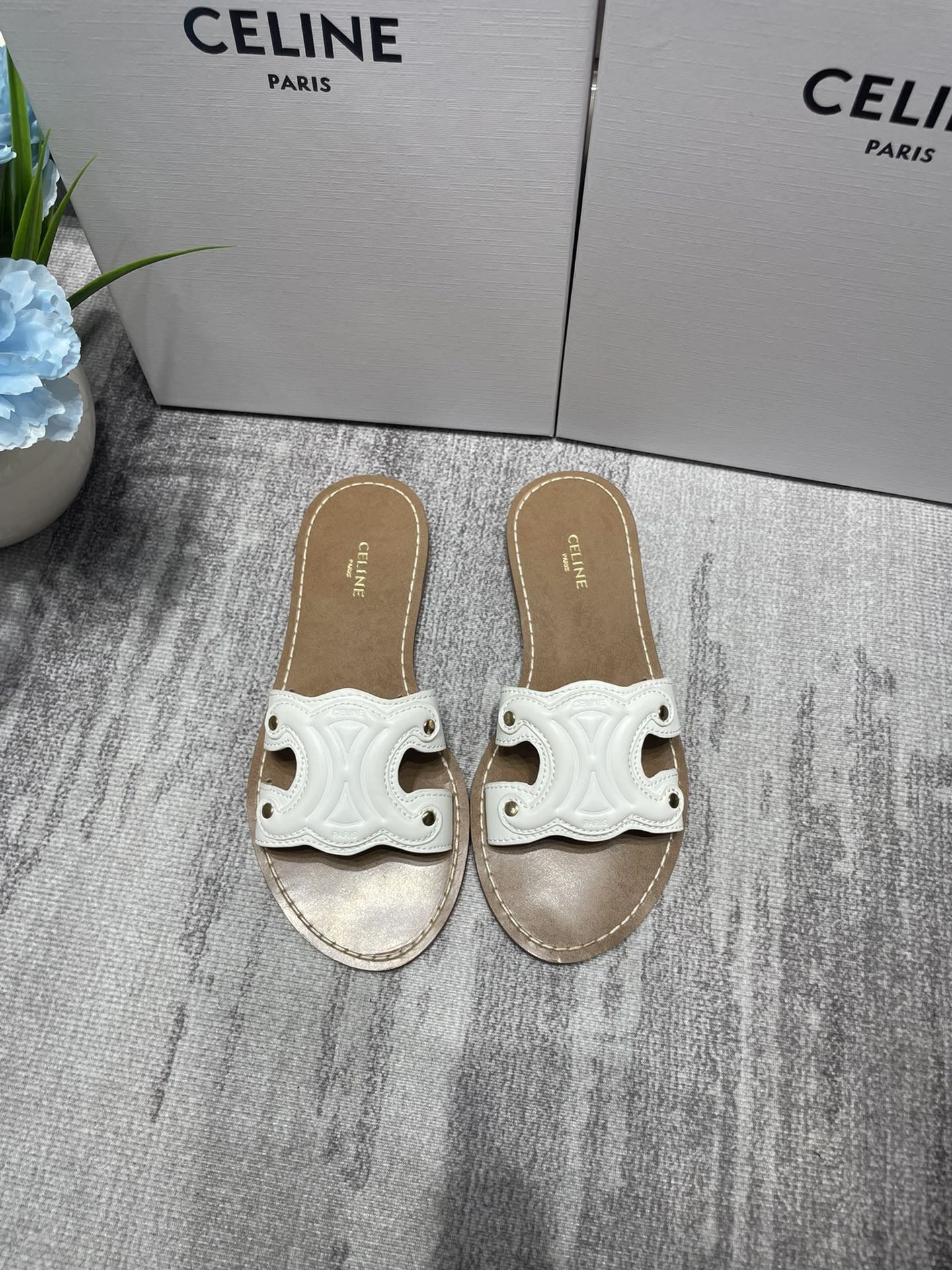 Celine Denim & Leather Tassel Slides