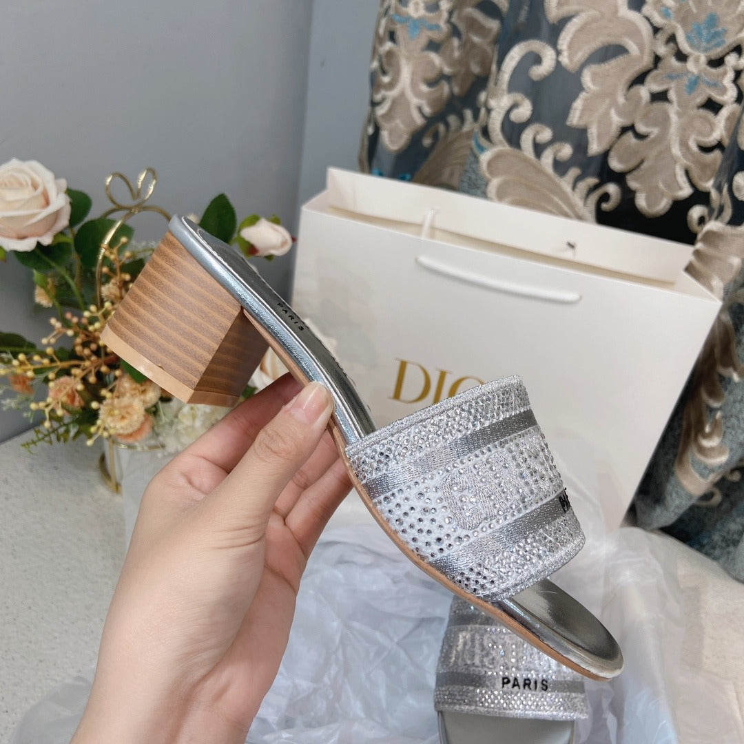 Dior Cotton & Lambskin Leather Crystal Slides