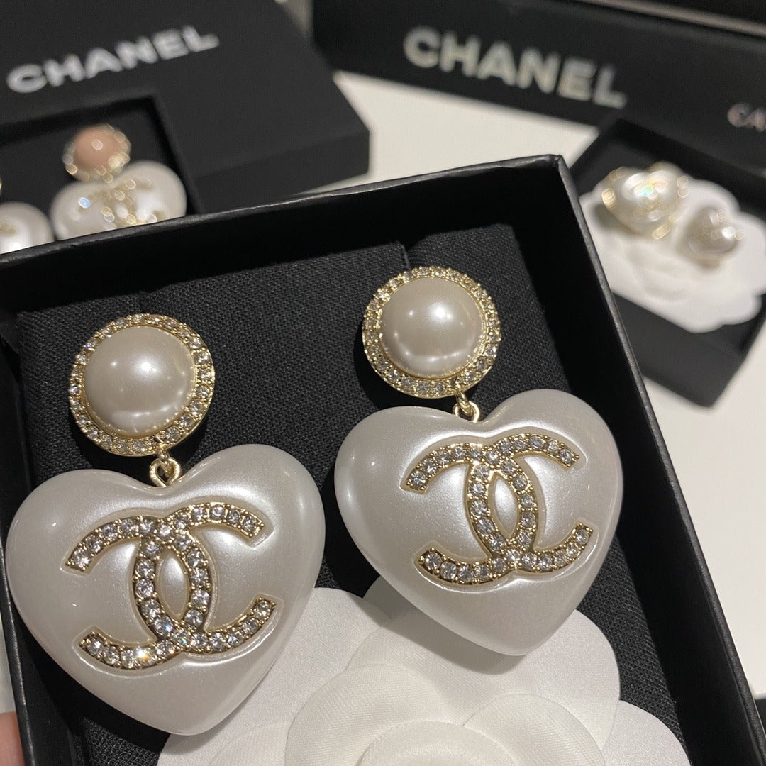 Chanel White Heart Earrings