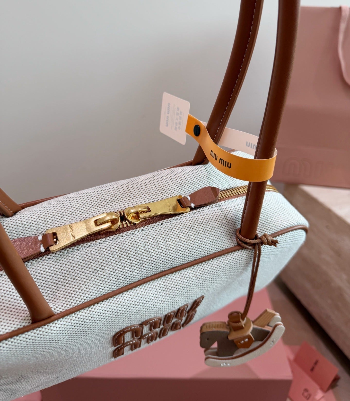 Miu Miu White Canvas & Leather Logo Handbag