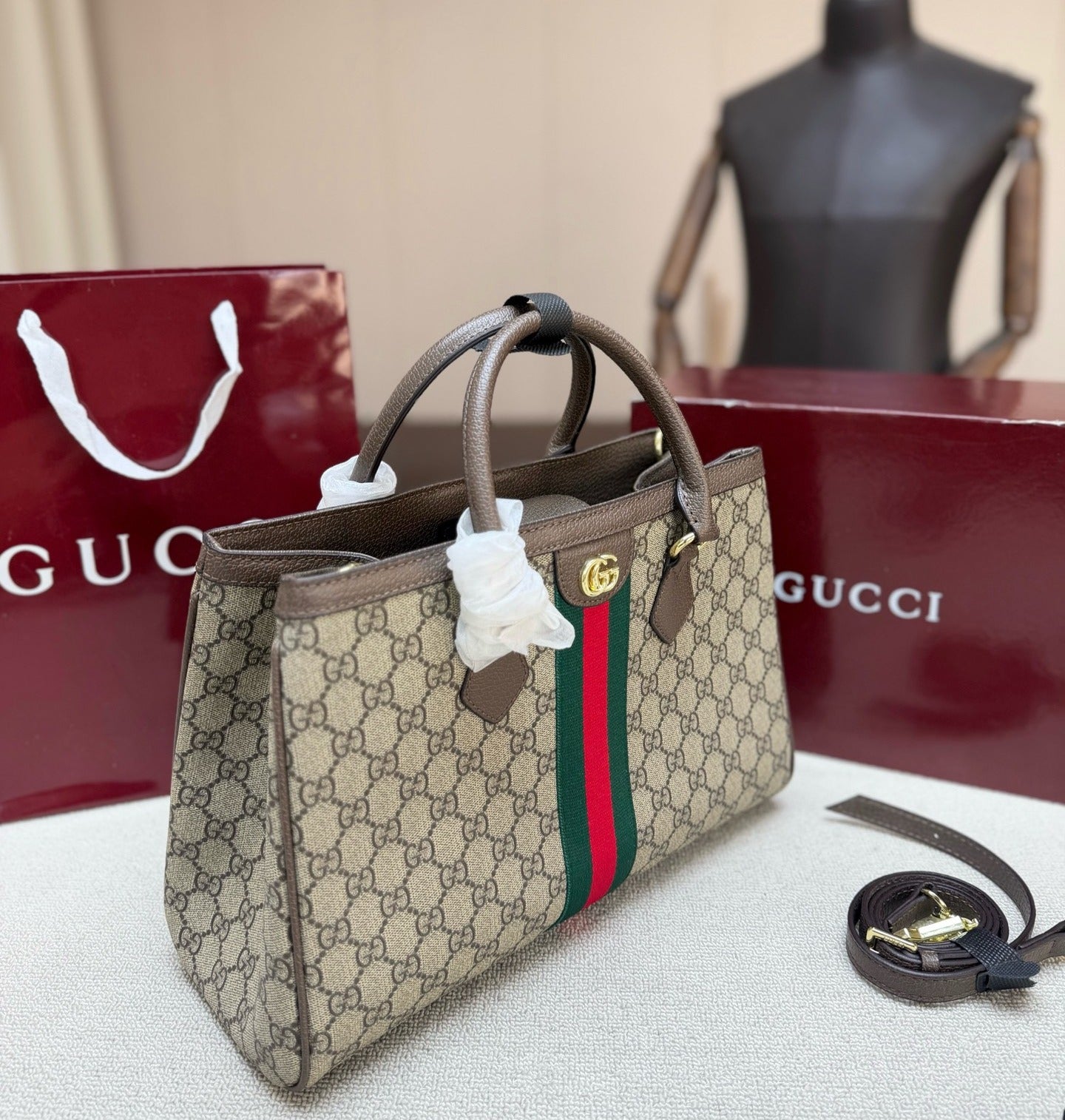 Gucci White Canvas & Leather Ophidia Tote Bag