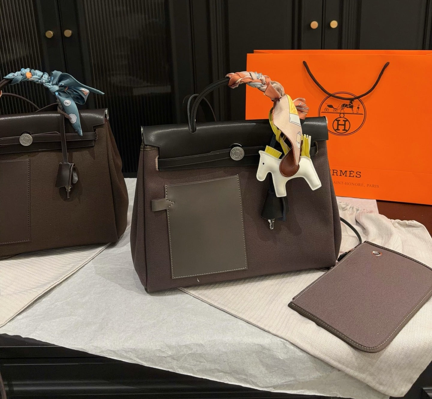 Hermes Brown Canvas & Calfskin Leather Handbag