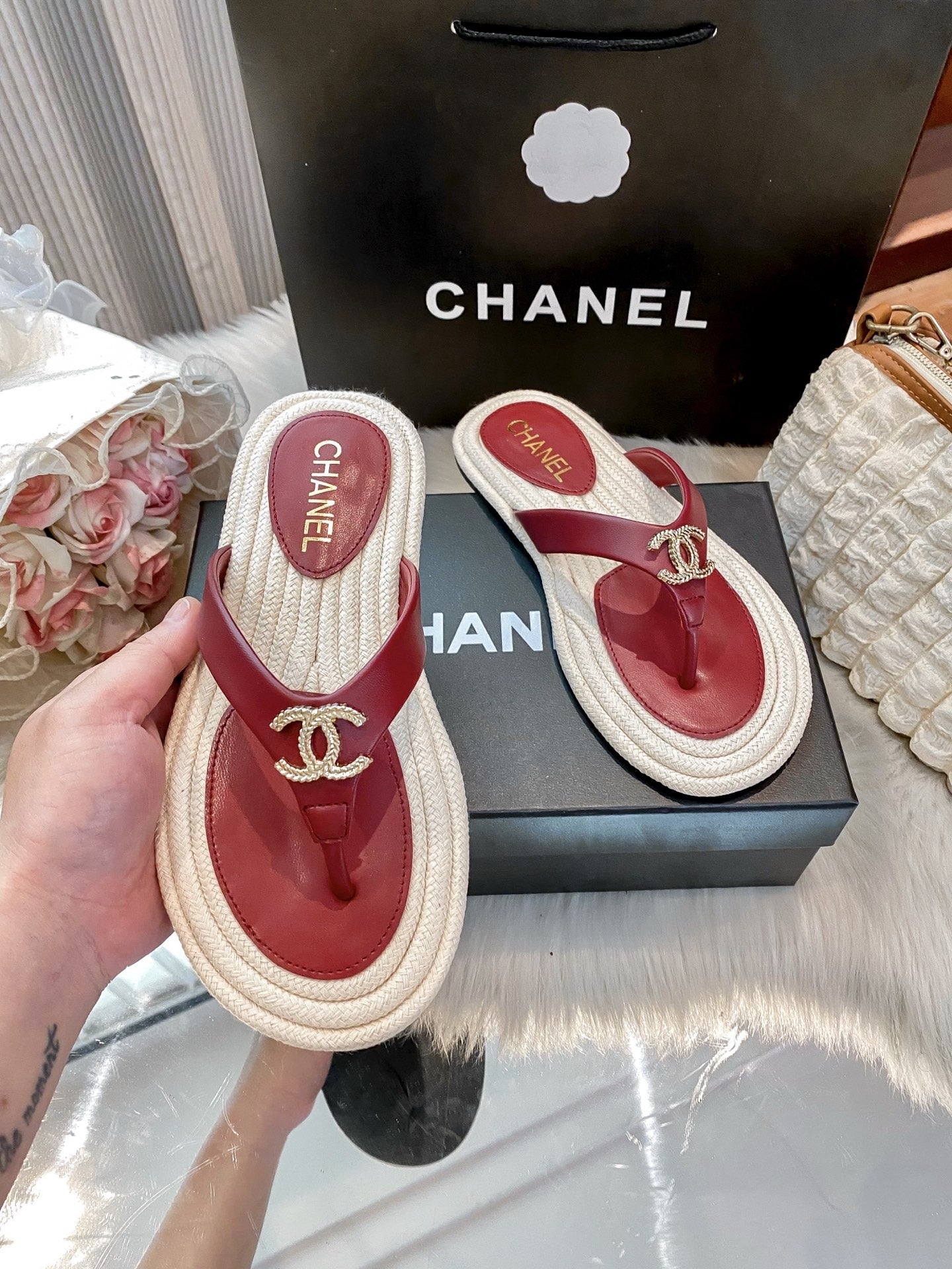 Chanel White Slides