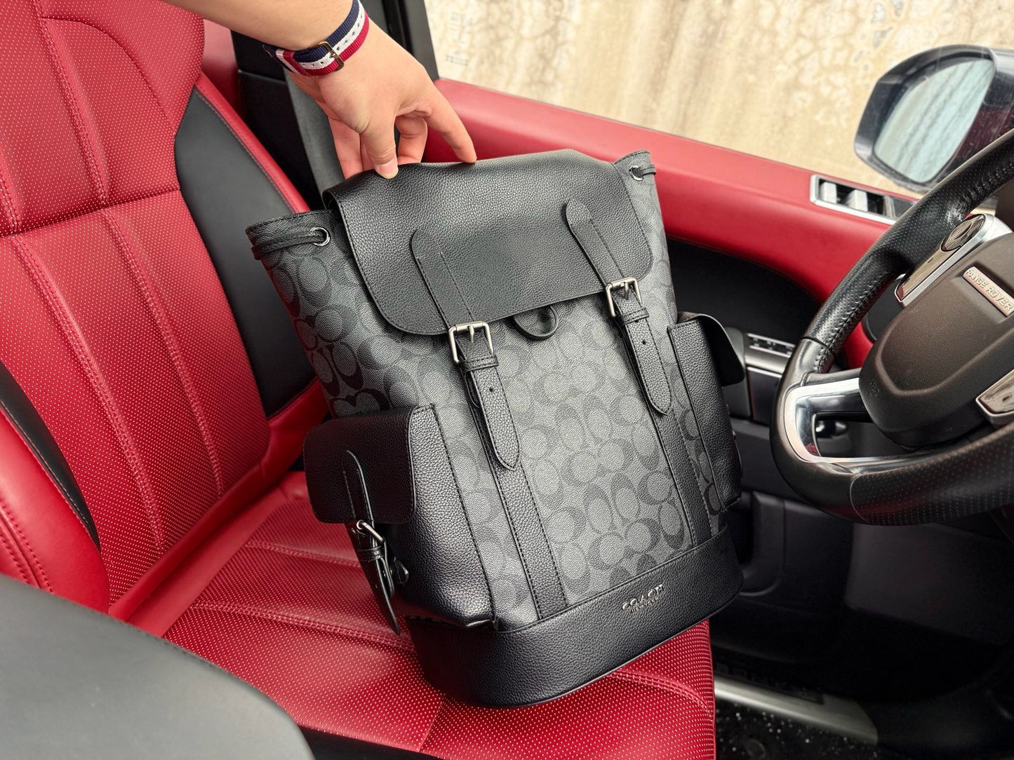 Coach Black Leather & Canvas Logo Backpack