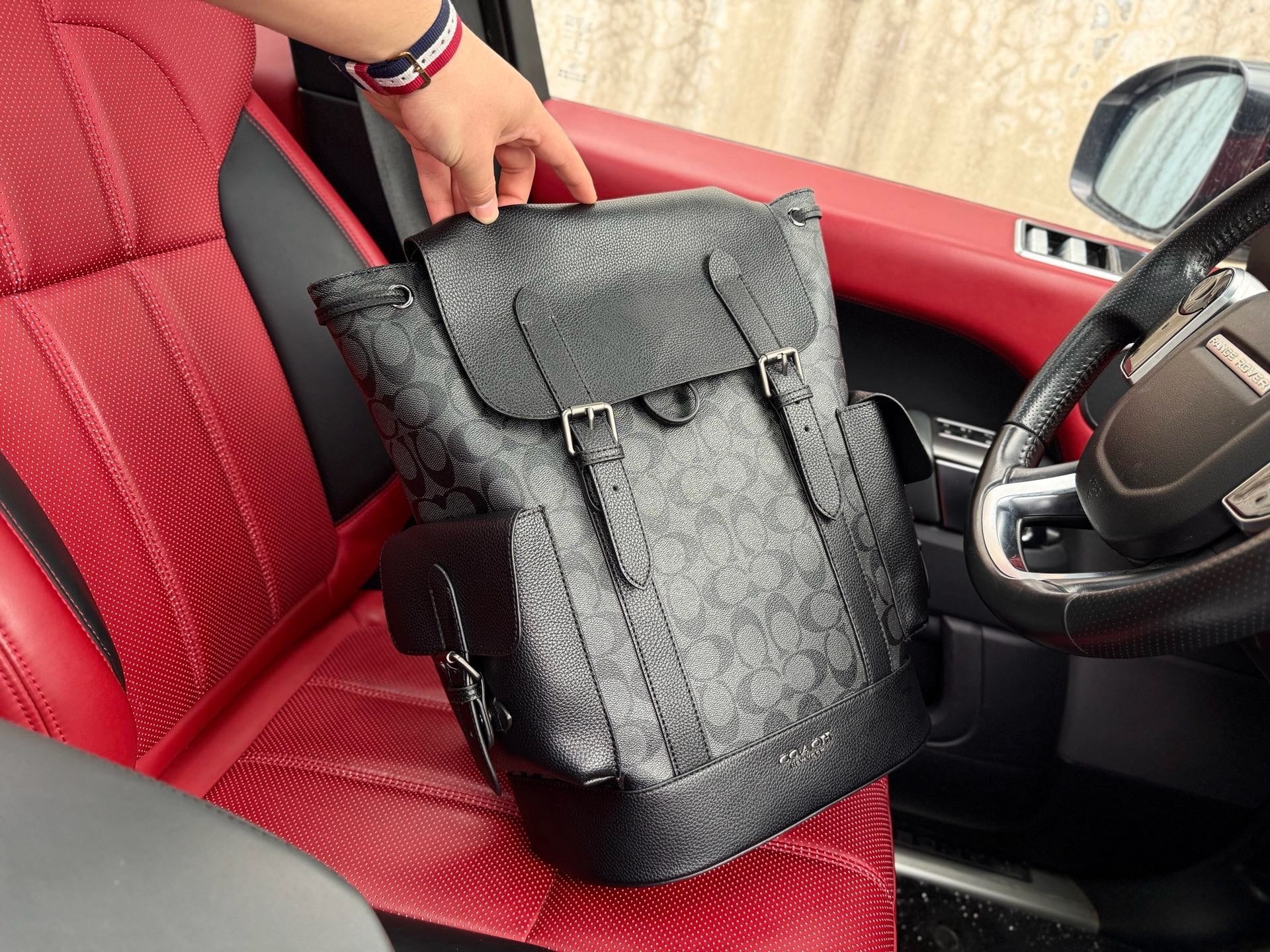 Coach Black Leather & Canvas Logo Backpack