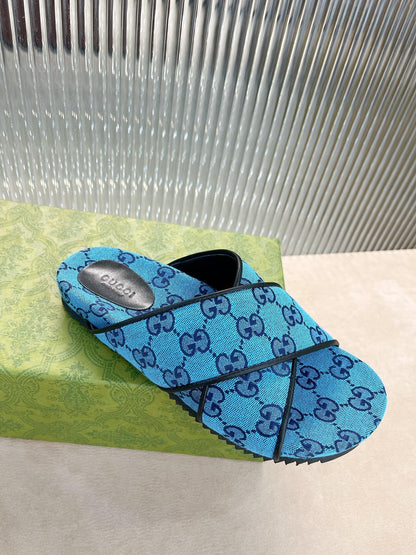 Gucci Green Canvas & Leather Double G Slides