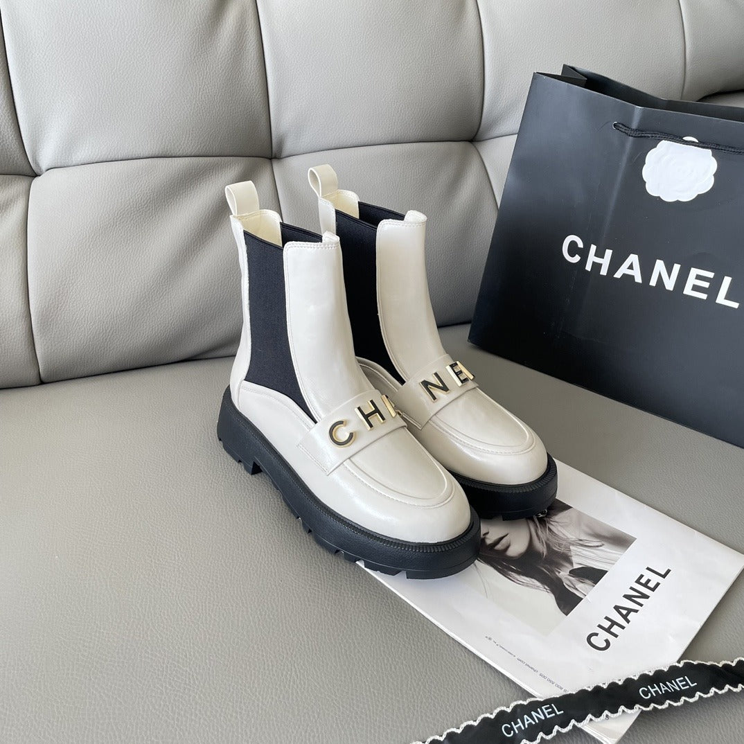 Chanel Lambskin Leather Logo Boots