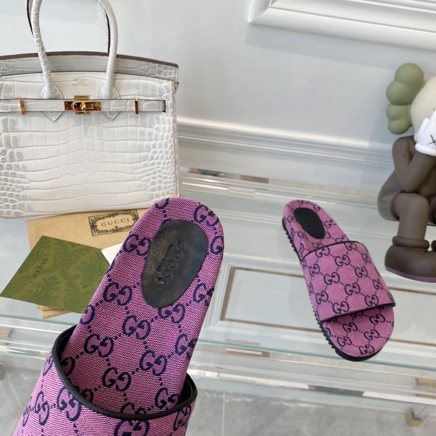 Gucci Green Canvas & Leather Double G Slides