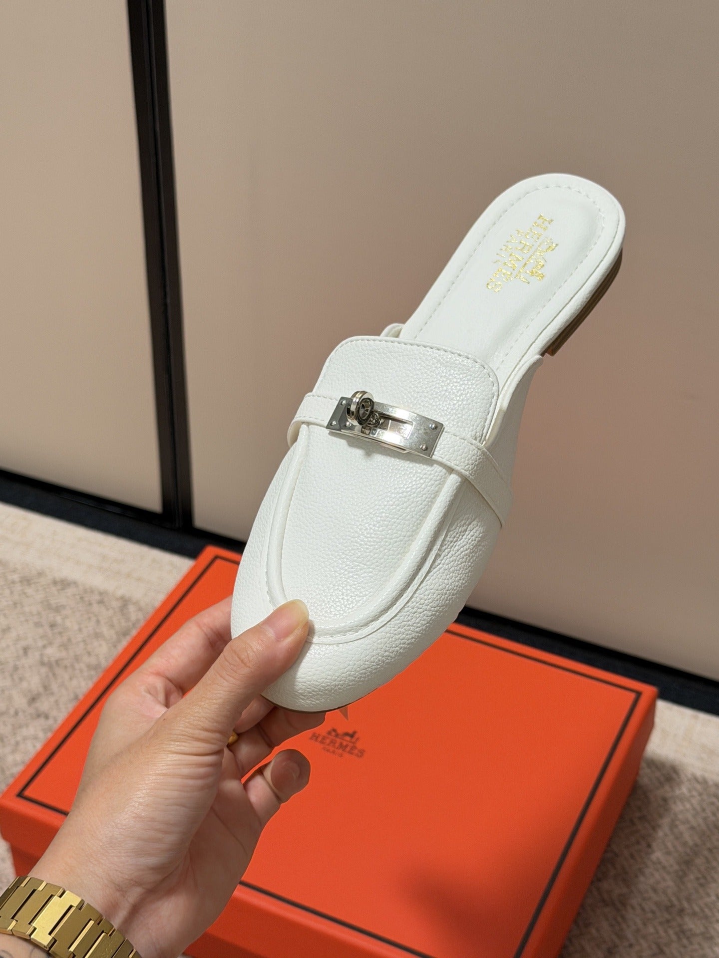 Hermes Calfskin Leather Logo Slides