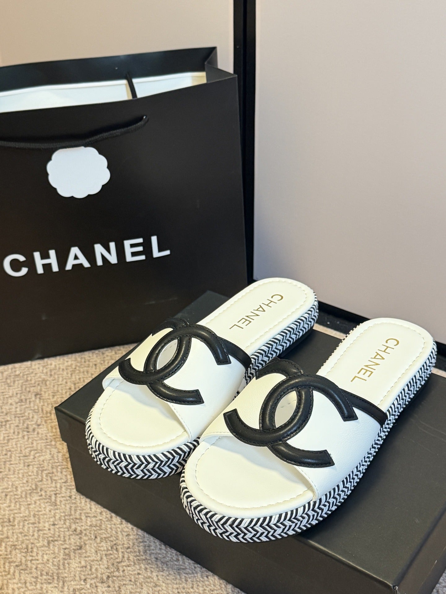 Chanel Lambskin Leather Logo Slides