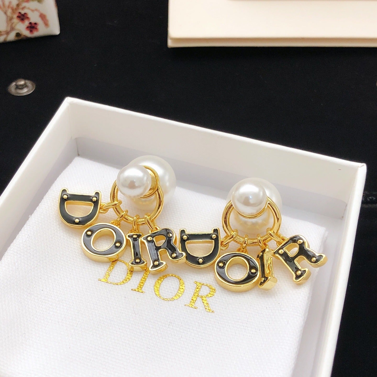 Dior Black Brass Logo Earrings