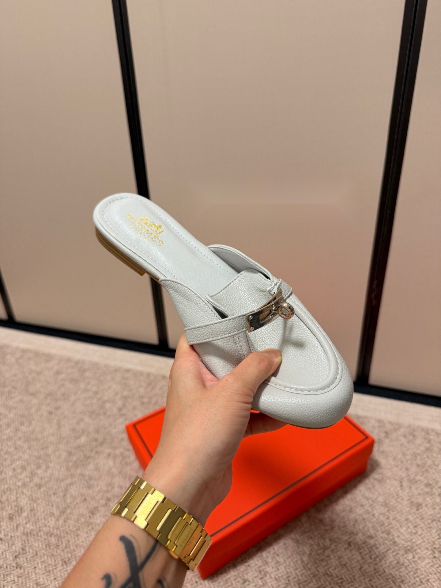 Hermes Calfskin Leather Logo Slides