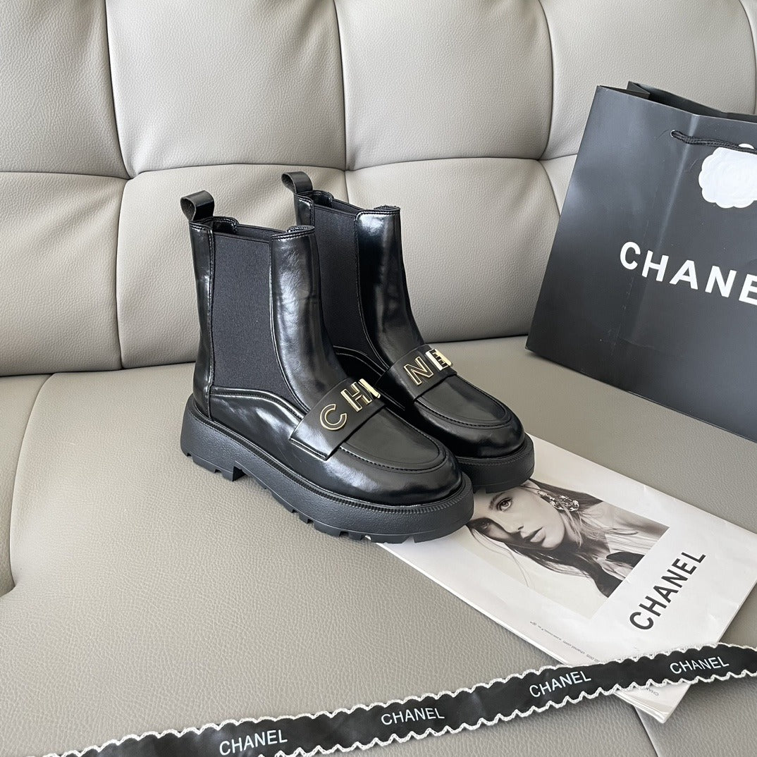Chanel Lambskin Leather Logo Boots