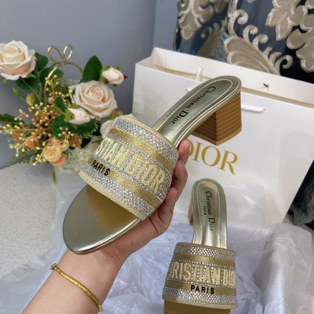 Dior Cotton & Lambskin Leather Crystal Slides