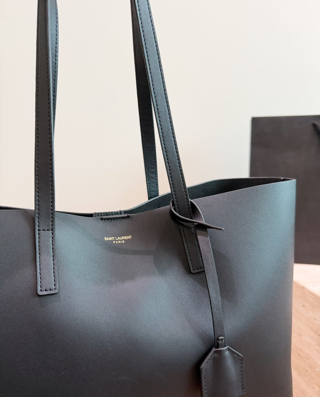 Saint Laurent Black Calfskin Leather Logo Tote Bag
