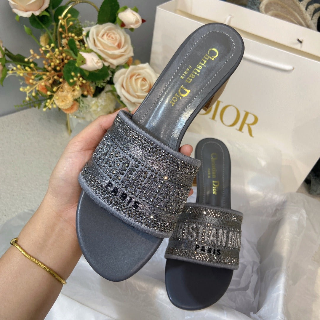 Dior Cotton & Lambskin Leather Crystal Slides