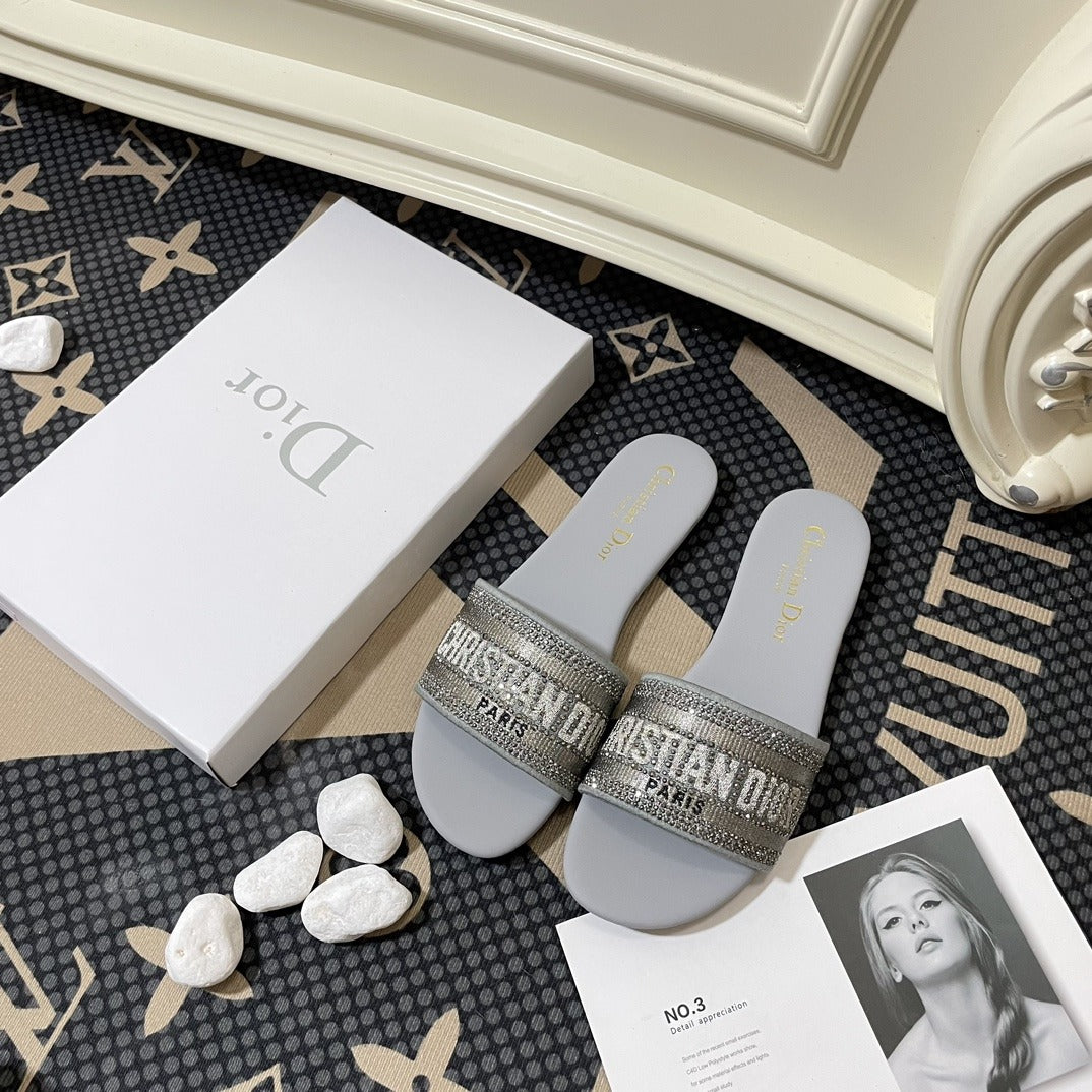Dior Lambskin Leather Embroidered Slides