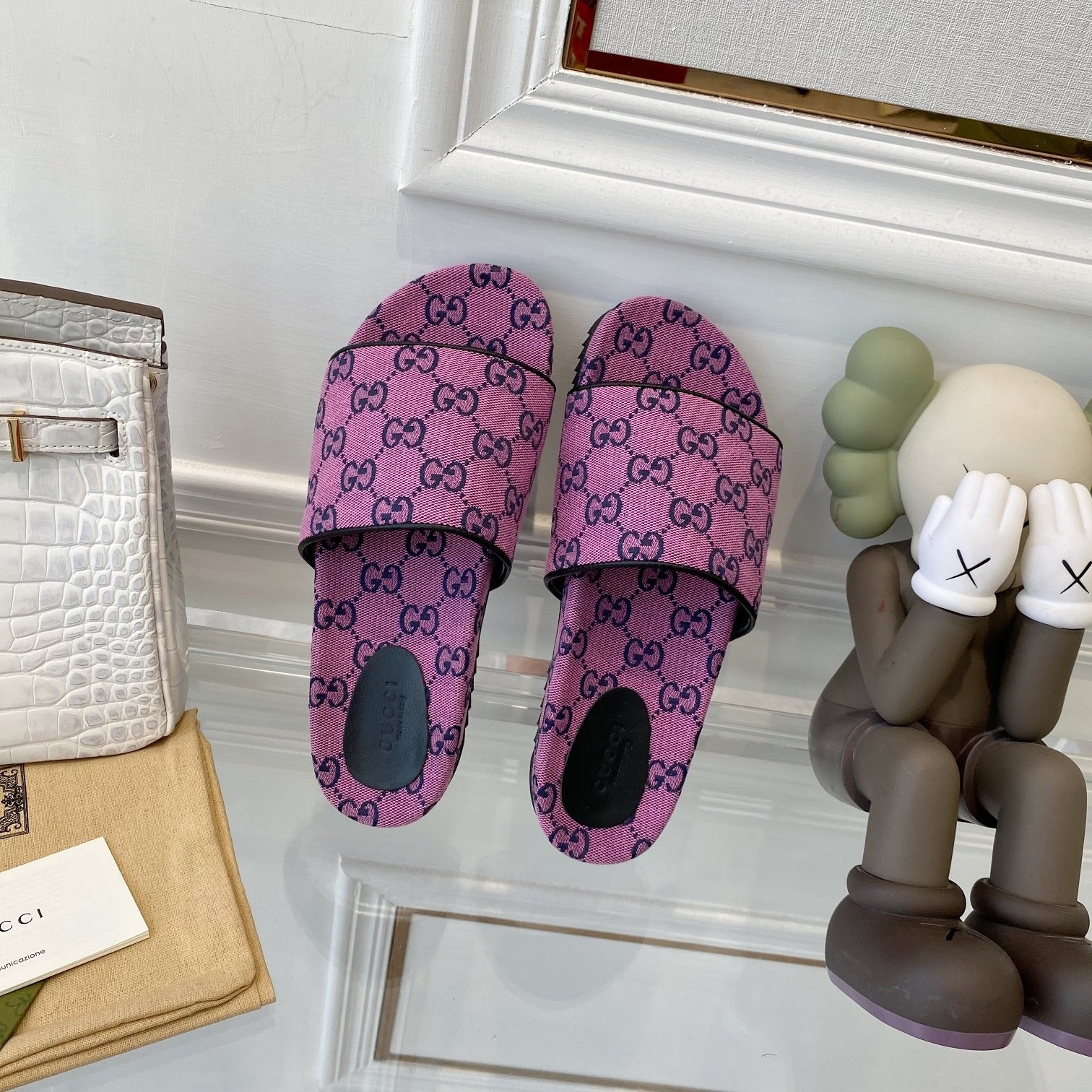 Gucci Green Canvas & Leather Double G Slides