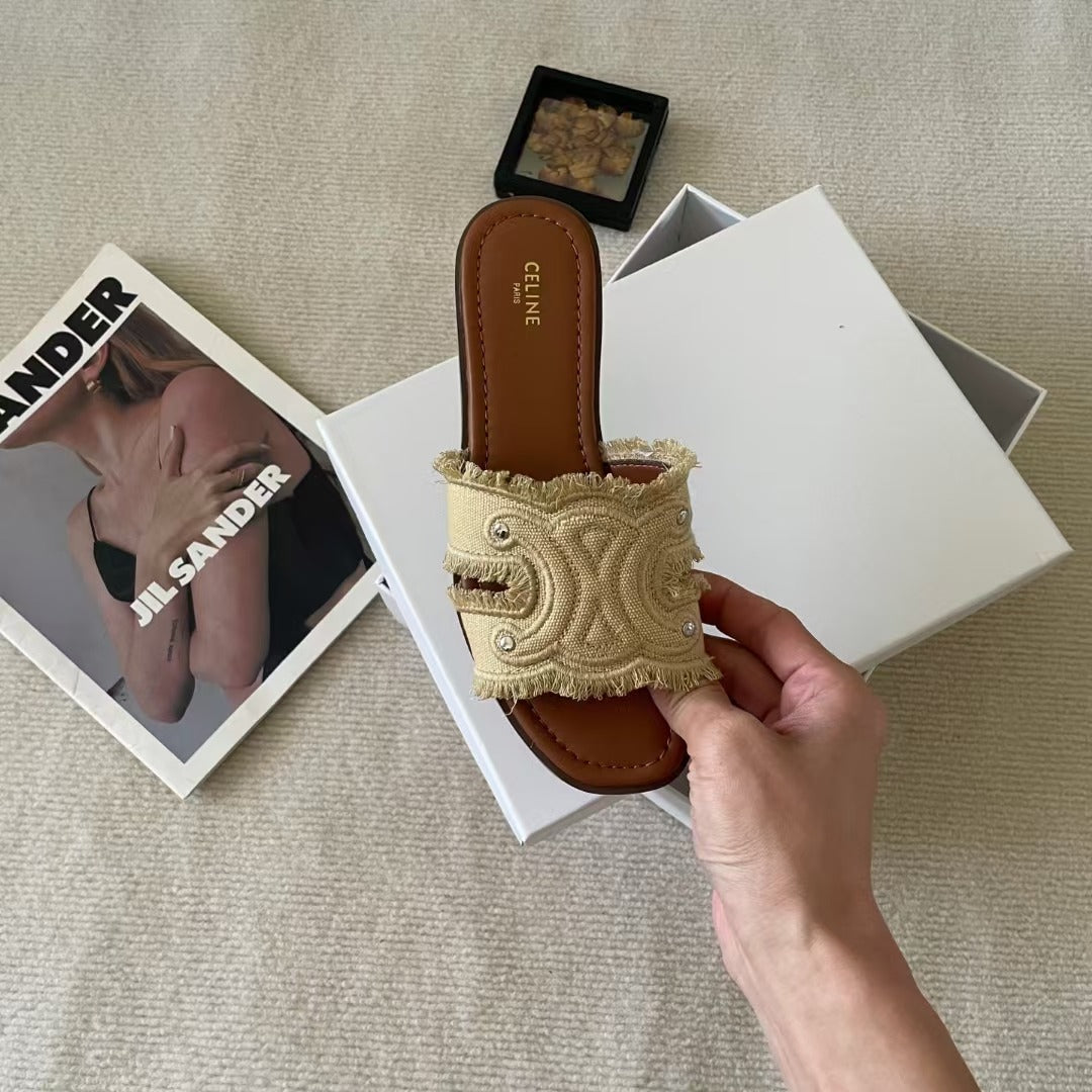 Celine Denim & Leather Tassel Slides