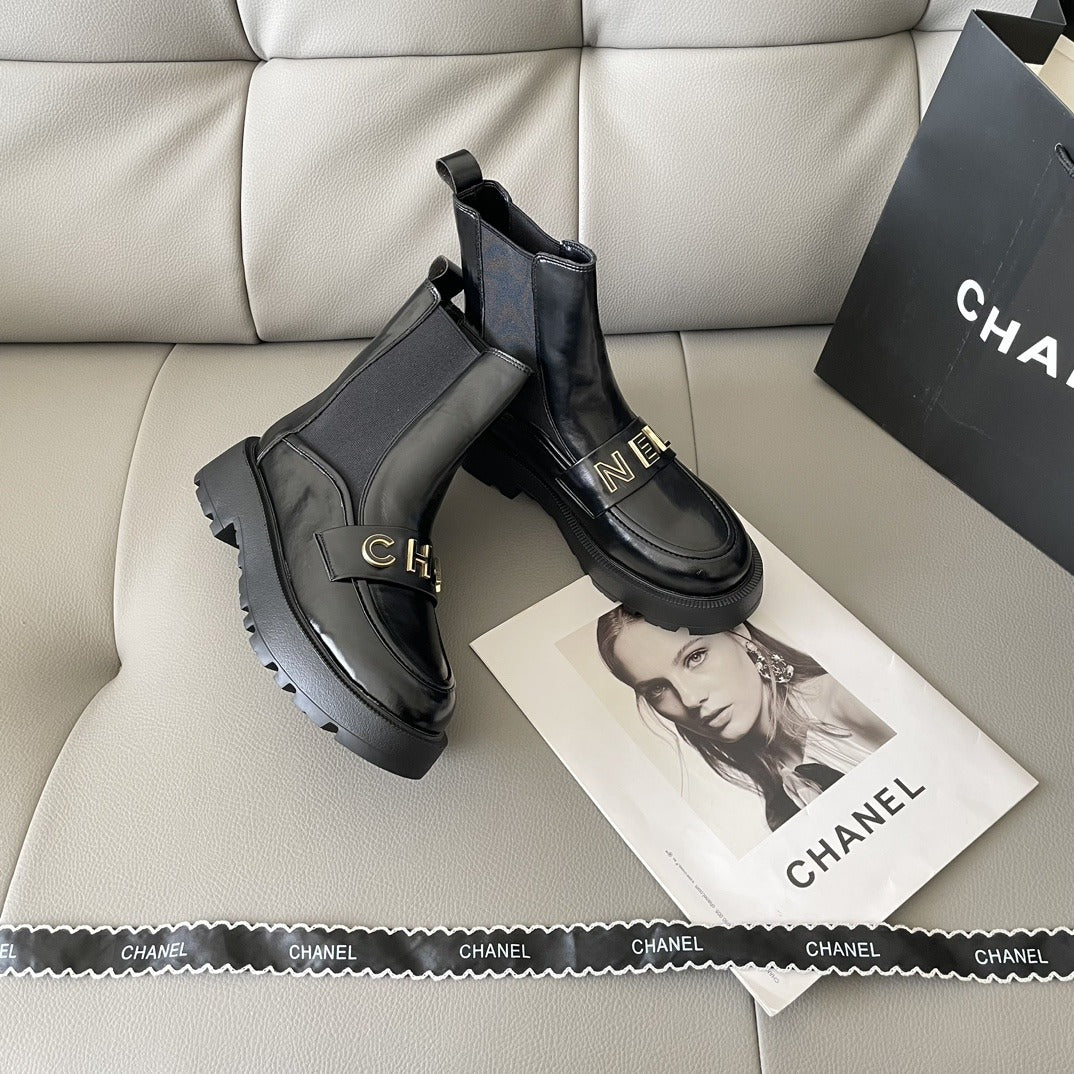Chanel Lambskin Leather Logo Boots