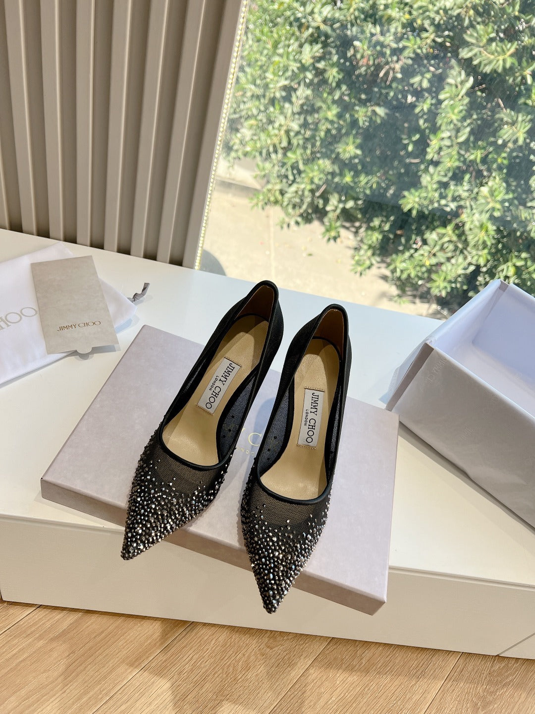 Jimmy Choo Lambskin Leather Crystal Heels