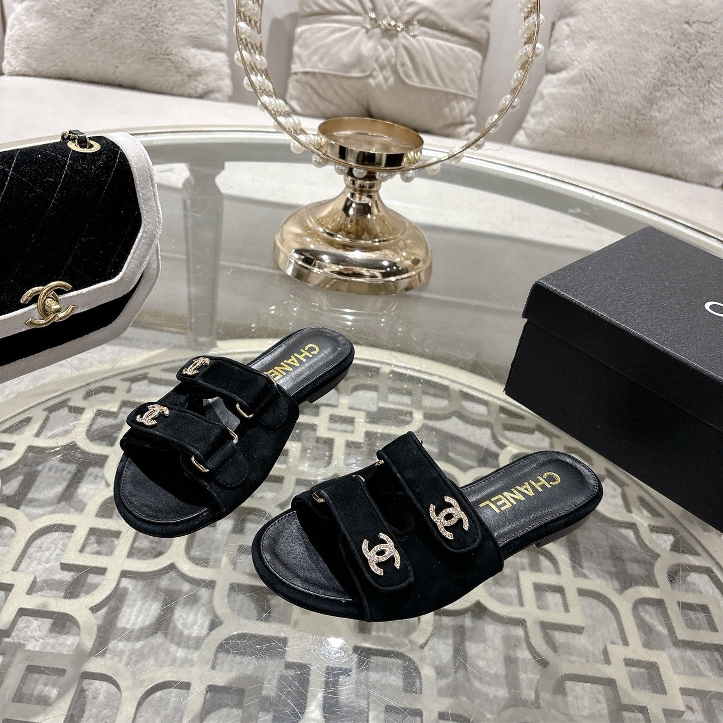 Chanel Lambskin Leather Crystal Slides
